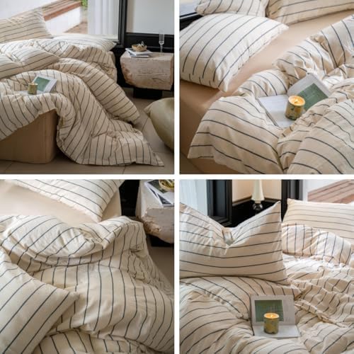 LifeTB Striped Comforter Set King Size Grey Stripes Pattern Printed Comforter 3 Pieces Lightweight Boho Bedding Comforter Set for All Seasons Breathable Soft Fluffy Beige Comforter with 2 Pillowcases