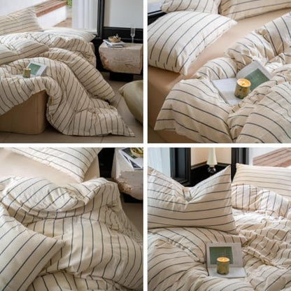 LifeTB Striped Comforter Set King Size Grey Stripes Pattern Printed Comforter 3 Pieces Lightweight Boho Bedding Comforter Set for All Seasons Breathable Soft Fluffy Beige Comforter with 2 Pillowcases
