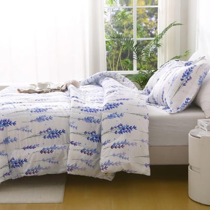 Mooreeke King Size Comforter Sets, Lavender Flower Cluster Patterned Bedding for All Seasons, 3-Piece Vintage Bed in a Bag with Fluffy Quilted Reversible Comforter & 2 Pillow Shams