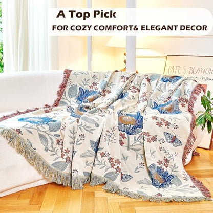 VANJOROY Boho Throw Blanket, 100% Organic Cotton Breathable Ultra Soft Bed Quilt Throw - All Season Floral Bird Butterfly Farmhouse Decor Blanket for Sofa Couch Chair and Gift. 60" x 80"