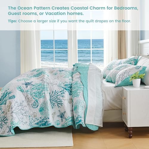 Qucover Coastal Quilt King Size 98"x106", Ocean Beach Themed Bedding with Seashell Coral Pattern, Soft Lightweight Reversible Microfiber Bedspread, Nautical Coverlet for Summer, Teal Green