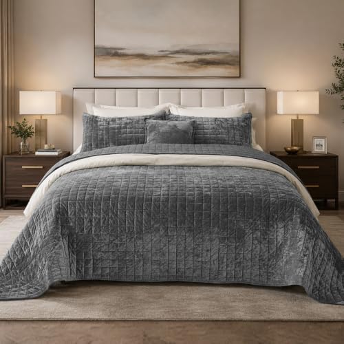 Quilt Set Oversized King Size 120x120 Luxurious Velvet Bedding Sets with 2 Pillow Shams 20x36 3 Pieces Ultra Soft Quilted Bedspread Coverlet Comforter for All Season,Gray