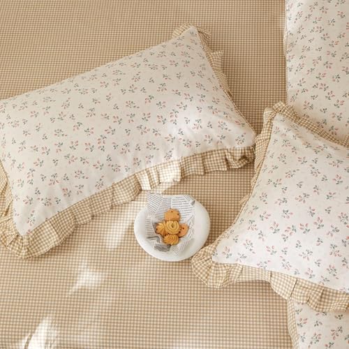mixinni Beige Floral Duvet Cover Twin Size, 100% Cotton Cute Strawberry Floral Ruffle Bedding Set, Vintage Cottagecore Reversible Tan Gingham Aesthetic 3PC with Zipper Closure & Pillowcases
