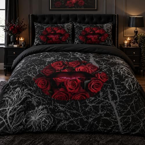 CCoutueChen Gothic Rose Lip Comforter Set Queen, Black Grey Marble Bedding