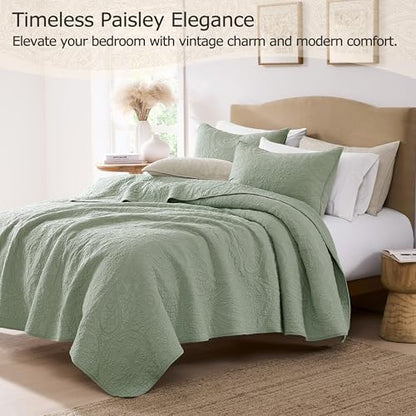 palassio Sage Green Paisley 100% Cotton Quilt California Cal King Size Bedding Sets with 2 Pillow Shams, Oversized Boho Farmhouse Vintage Soft Bedspread Shabby Chic Coverlet for All Season, 3 Pieces