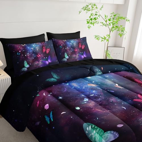 7pcs Animals Comforter Set Purple Blue Dreamy Butterfly Printed Bedding Set with 1 Comforter, 1 Flat Sheet, 1 Fitted Sheet and 4 Pillowcases for Boys and Girls Bedroom (Full