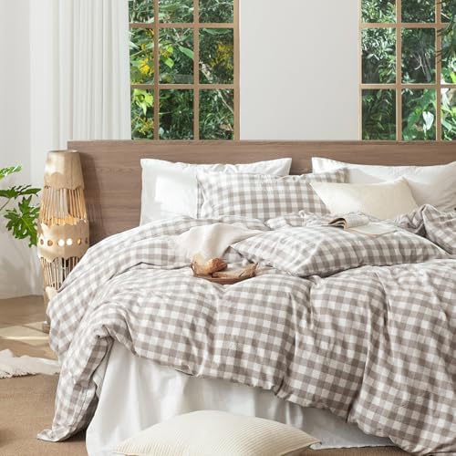 MooMee Gingham Duvet Cover Set 100% Washed Cotton Linen Like
