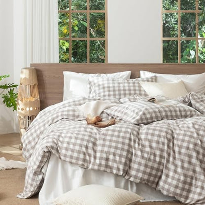 MooMee Gingham Duvet Cover Set 100% Washed Cotton Linen Like