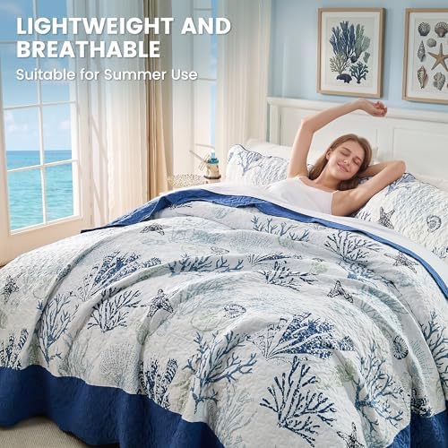 Qucover Coastal California King Quilt 118"x106", Ocean Beach Themed Bedding Set with Pillowcase, Soft Lightweight Reversible Microfiber Nautical Coverlet, Oversized King Bedspread for Summer,Navy Blue