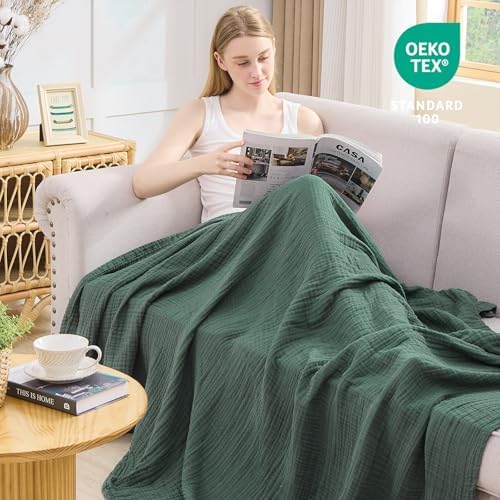 EMME Muslin Blankets for Adults Throw Blanket for Couch Breathable Gauze Soft Lightweight Airy Forest Green Twin 60" x 80"