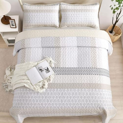 WONGS BEDDING Beige Quilt King Size, Boho Striped Plaid Bedspread