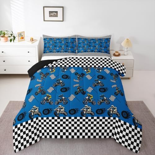 Feelyou Dirt Bike Bedding Set Soft for Boys Girls, Racing Motocross Rider Comforter Set Twin Size Extreme Sports Duvet Quilt Microfiber Motorcycle Bedroom Decor Motorbike 2 Pcs with 1 Pillow Cases