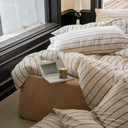 LifeTB Striped Comforter Set King Size Grey Stripes Pattern Printed Comforter 3 Pieces Lightweight Boho Bedding Comforter Set for All Seasons Breathable Soft Fluffy Beige Comforter with 2 Pillowcases