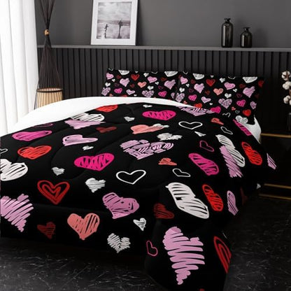 Nttopship Love Comforter Sets King Size，Love Valentines Day Romantic Soft Bedding Set Pink Watercolor Kawaii Bedding Cartoon Heart Bedroom Decor Comforter with 2 Pillowcases