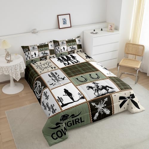 Western Cowgirl Comforter Set King Size,Cactus Horseshoe Cow Skull Rustic Farmhouse Bedding Set,Girls Women Room Decor,Bow Arrow Patchwork Down Comforter,Camo Country Duvet Insert,2 Pillowcases