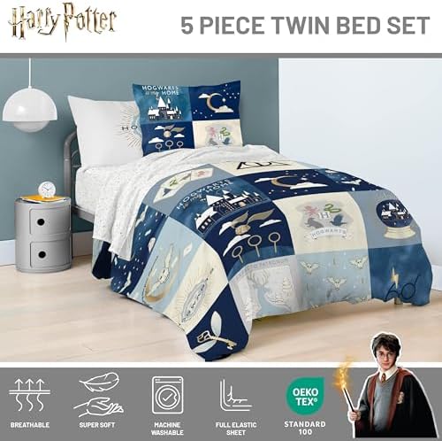 Harry Potter Twin Comforter Set 5 Piece Soft Hogwarts Bedding, Multi