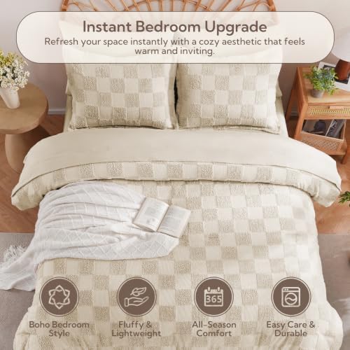 MR&HM 7 Pieces Comforter Set Full, Checkered Boho Tufted Bed Set Beige