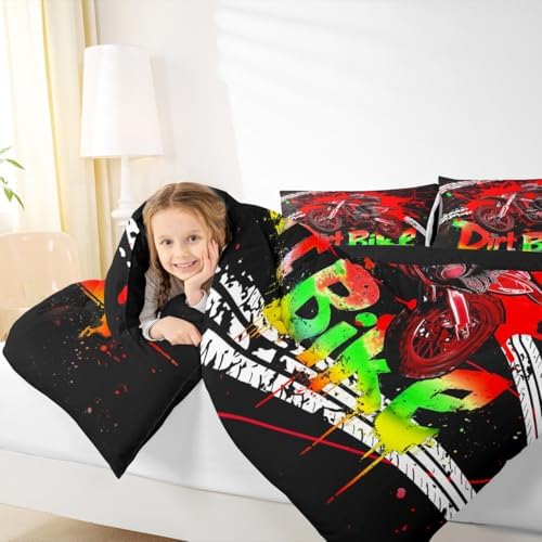 Feelyou Racing Motocross Rider Kids Bedding Set,Boys Girls King Size,Dirt Bike Comforter Set,Extreme Sports Ultra Soft Duvet Quilt,Tire Print Comforter Motorbike Bedroom Decor