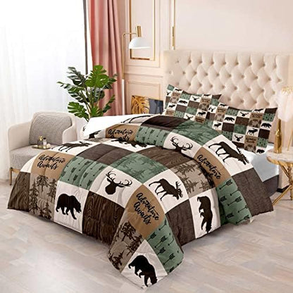 LUVIVIHOME 3PCS Rustic Cabin Comforter Set, Brown Sage Green Queen Comforter, Bear Deer Elk Moose Woodland Forest Animal Wildlife Country Farmhouse Lodge Bedding Sets Patchwork Quilt, 2 Pillow Shams