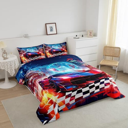 Feelyou Boys Red Race Car Toddler Bedding Set 1 Sports Car Comforter 1 Pillowcase Microfiber Modern Cartoon Racing Theme