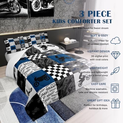 Dirt Bike Bedding Set Full Size Black Grey Blue Motocross Rider Comforter Set Kids Boys Teens Men Bedroom Racing Themed Patchwork Grid Quilt Set Fashion Motorcycle Silhouette Duvet Insert 3pcs