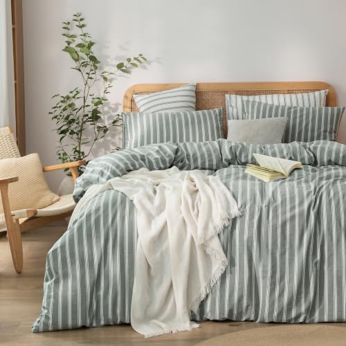 BESTOUCH Striped Cotton Duvet Cover Set Linen Feel Twin
