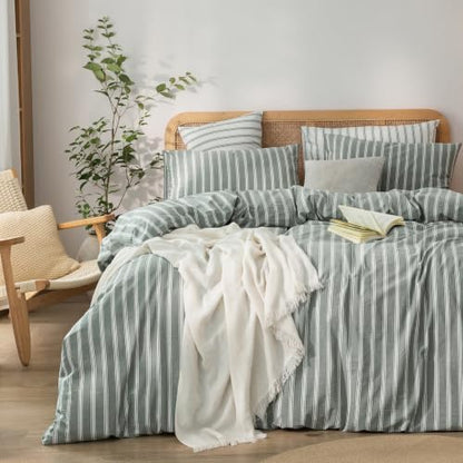 BESTOUCH Striped Cotton Duvet Cover Set Linen Feel Twin