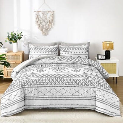 Yiran White Comforter Set King Size, Boho Aztec Comforter Bedding Set, 7 Piece Bed in a Bag King, Soft Microfiber Bohemian Striped Complete Bedding Set with Sheets for All Season