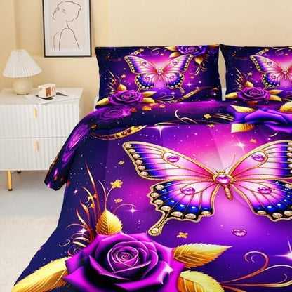 QOOMO Neon Butterfly Kids Comforter Set Queen Size