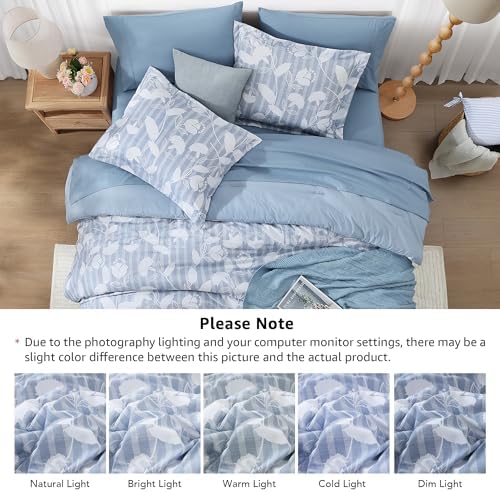 BLOOMHAVEN Full Size Comforter Sets-7 Pieces Dusk Blue Floral Bed in a Bag