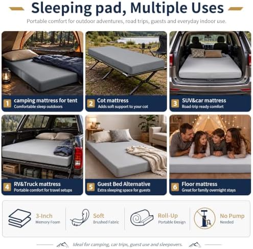 CYMULA Memory Foam Camping Mattress Pad,Sleeping Pad for Camping,Non-Slip Bottom Floor Car Mattress Bed with Retaining Portable Roll up Mattress Pad Mat for Travel Truck Guest Bed Tent