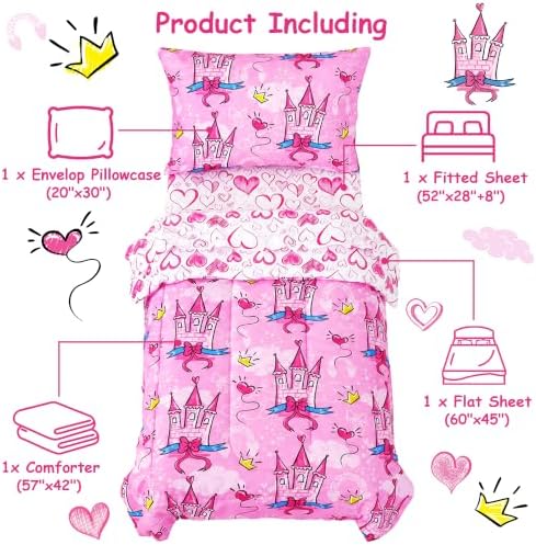Mooreeke Toddler Bedding Sets for Girls,4 Pieces Pink Castle Love Printed