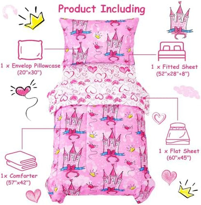 Mooreeke Toddler Bedding Sets for Girls,4 Pieces Pink Castle Love Printed