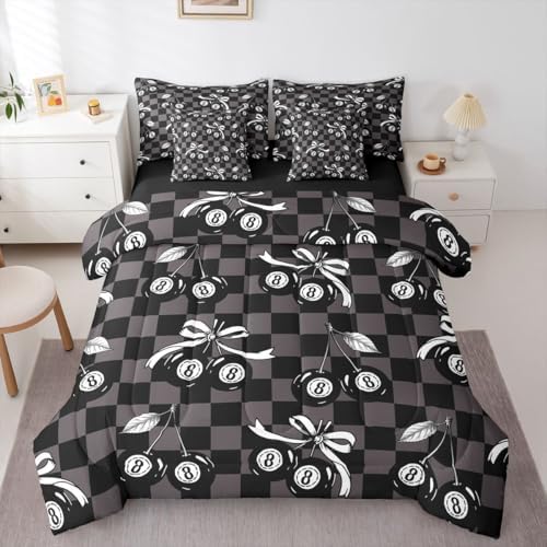 7 Piece Y2K Lucky 8 Ball Comforter Set King Coquette Cherry Bow Bedding Set For Kids Boys Girls,Black Brown Checkered Plaid Bed In A Bag With Sheets Fashion Funky Aesthetic Bed Set Preppy Room Decor