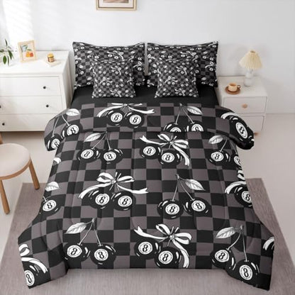 7 Piece Y2K Lucky 8 Ball Comforter Set King Coquette Cherry Bow Bedding Set For Kids Boys Girls,Black Brown Checkered Plaid Bed In A Bag With Sheets Fashion Funky Aesthetic Bed Set Preppy Room Decor