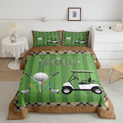 Castle Fairy Golf Bedding Set Twin Size Modern Fashion Sports Games Comforter Set for Kids Boys Bedroom Decor Geometric Plaid Stripes Soft Duvet Insert Golf Ball Print Down Comforter Set,2Pcs