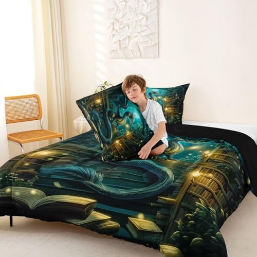 Feelyou Dragon Bedding Set Soft for Boys Girls, Magical Beast Comforter Set Queen Size Fantasy Animal Duvet Quilt Microfiber Wild Life Bedroom Decor Jungle Dragon 3 Pcs with 2 Pillow Cases
