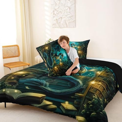 Feelyou Dragon Bedding Set Soft for Boys Girls, Magical Beast Comforter Set Queen Size Fantasy Animal Duvet Quilt Microfiber Wild Life Bedroom Decor Jungle Dragon 3 Pcs with 2 Pillow Cases