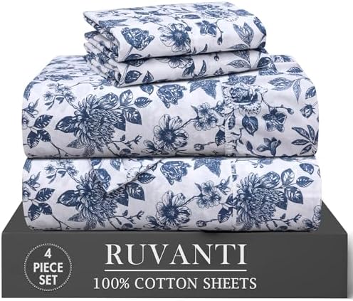 RUVANTI 100% Cotton Twin Sheets, Percale Weave Twin Sheet Set, Wild Flower
