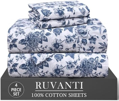RUVANTI 100% Cotton Twin Sheets, Percale Weave Twin Sheet Set, Wild Flower