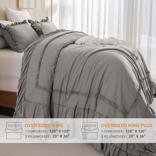 Masaca Grey Oversized King Comforter 120x120,Farmhouse Shabby Boho Chic Gray Ruffled California King Comforter Oversized,Vintage French Country Bedding Comforter with Ruffles for All Season