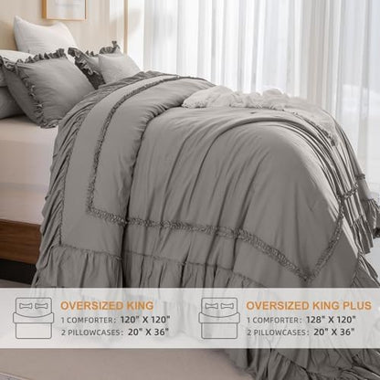 Masaca Grey Oversized King Comforter 120x120,Farmhouse Shabby Boho Chic Gray Ruffled California King Comforter Oversized,Vintage French Country Bedding Comforter with Ruffles for All Season