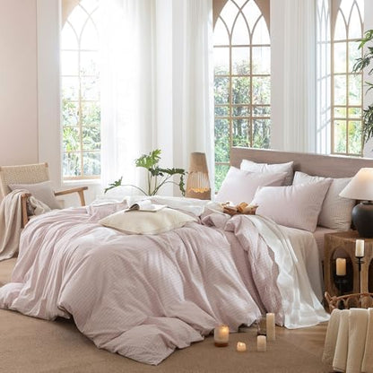 MooMee Striped Duvet Cover Set 100% Washed Cotton Linen Like Twin