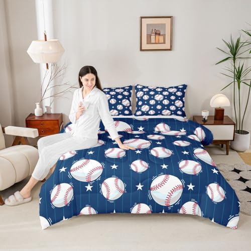 Castle Fairy Baseball Comforter Set Twin,Ball Sports Games Bedding Set 2pcs for Kids Boys Teens Room Decor,Geometric Star Lines Duvet Insert Navy Blue White Quilted Duvet with 1 Pillowcase