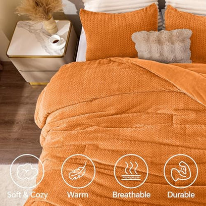 ChiXpace Fleece Twin Comforter Set Burnt Orange, Fluffy Bed Set 2 Pieces