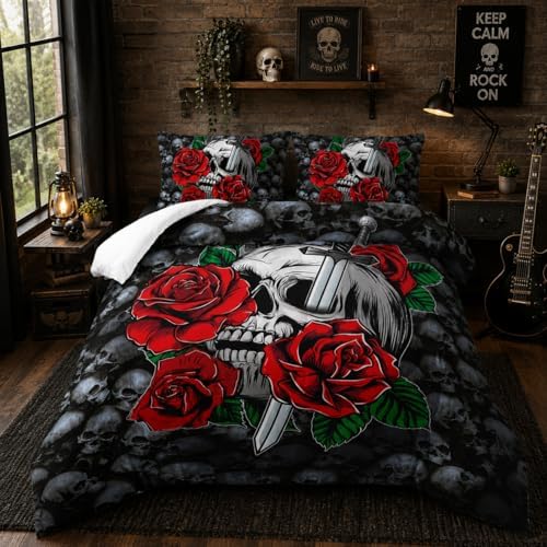 Nttopship Skull Comforter Red Floral Bedding Set,Comforter Set Queen Size,Gothic Skull Print Down Comforter Vintage Flower Rose Comforter Set with Pillowcase, for Bedroom Bed Decor