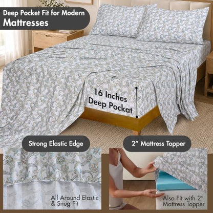 ZOYER 100% Cotton Sheets – Split King Size Percale Bedding, Cooling & Breathable, Durable with a Crisp, Soft & Comfortable Feel, 16" Deep Pocket, 5-Piece Set, Paisley Ornamental