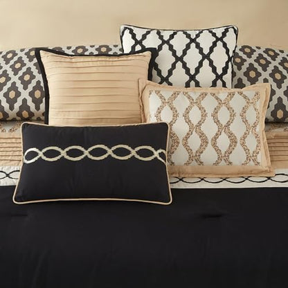 LANCO MODERN LIFESTYLE King Size Comforter Set, Black Gold, 10 Piece Bed in a Bag for All Seasons, Luxury Extreme Comfort Bedding Sets with Bedskirt, Pillow Shams, Euro Shams and Decor Pillows