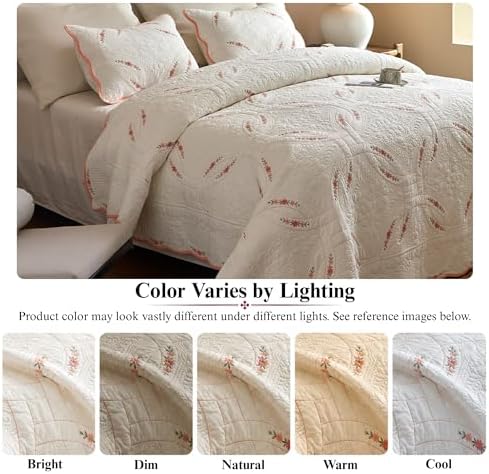MarCielo 3Pcs Cotton French Country Quilt Bedspread Set Floral Embroidery TC151
