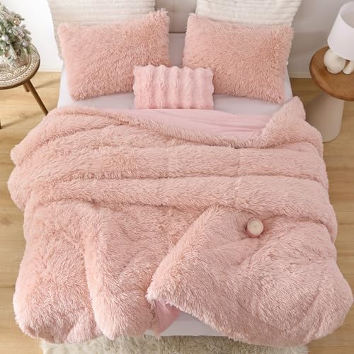 Smoofy Fluffy King Size Comforter Set, Blush Pink Faux Fur Comforter 3 Pcs